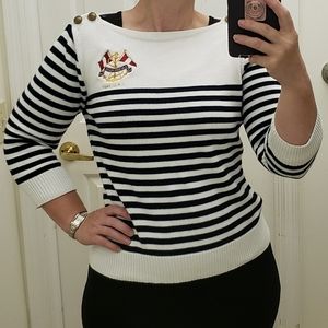 Lauren Jeans Company Ralph Lauren Boatneck Nautical White Navy Stripe Sweater L